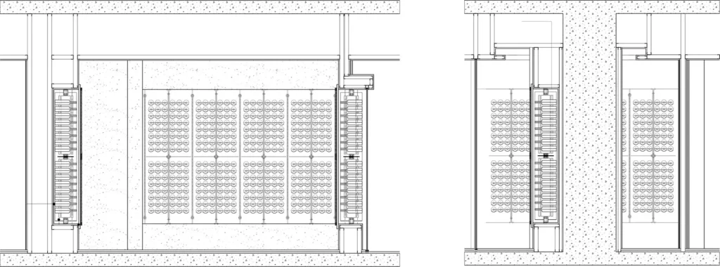 Architectural section drawings for the Regalia Wine Room depict walls with vertical shelves containing grids of circular shapes