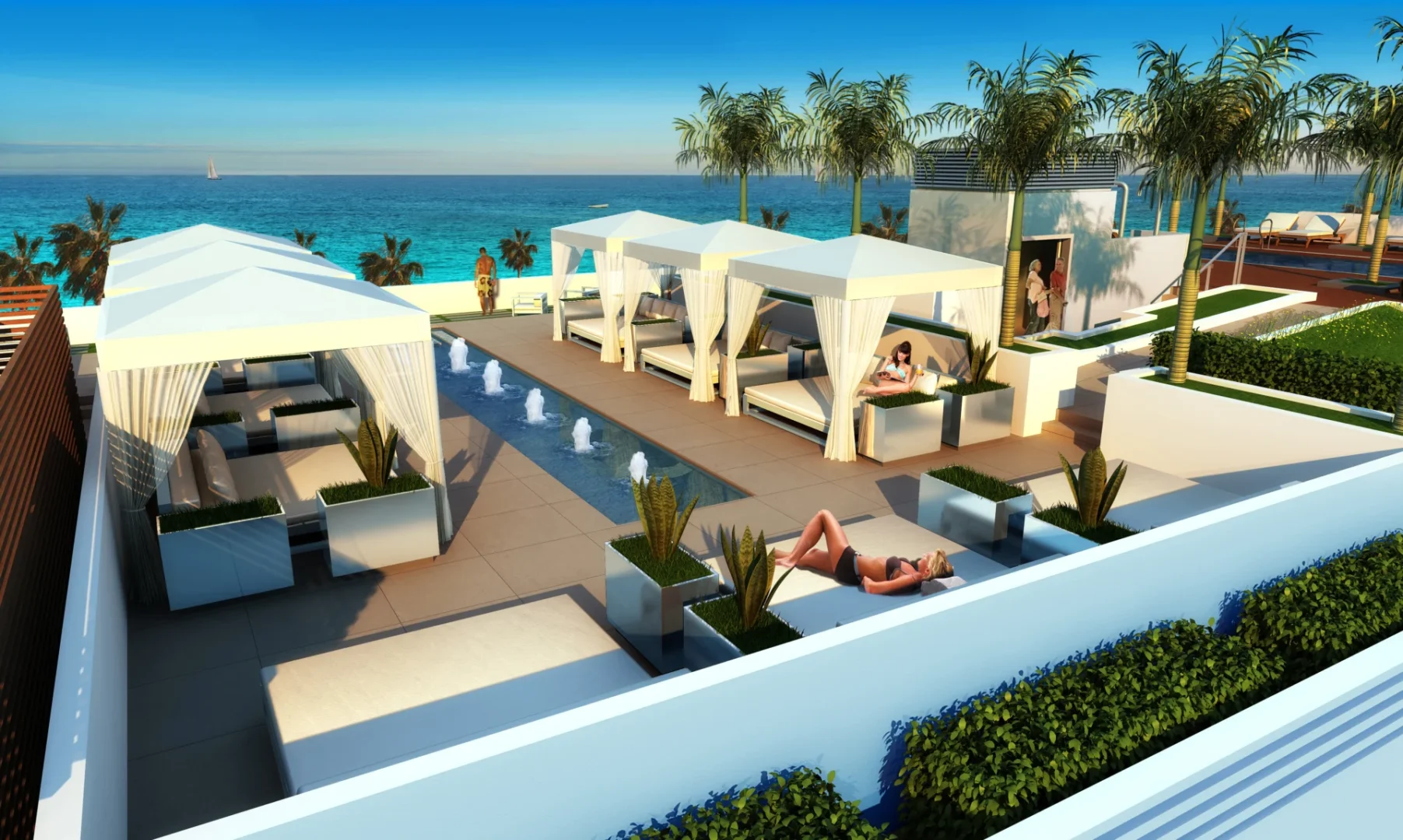 White cabanas and people are on a terrace at the Buena Vista Hotel & Beach Club near palm trees and the ocean