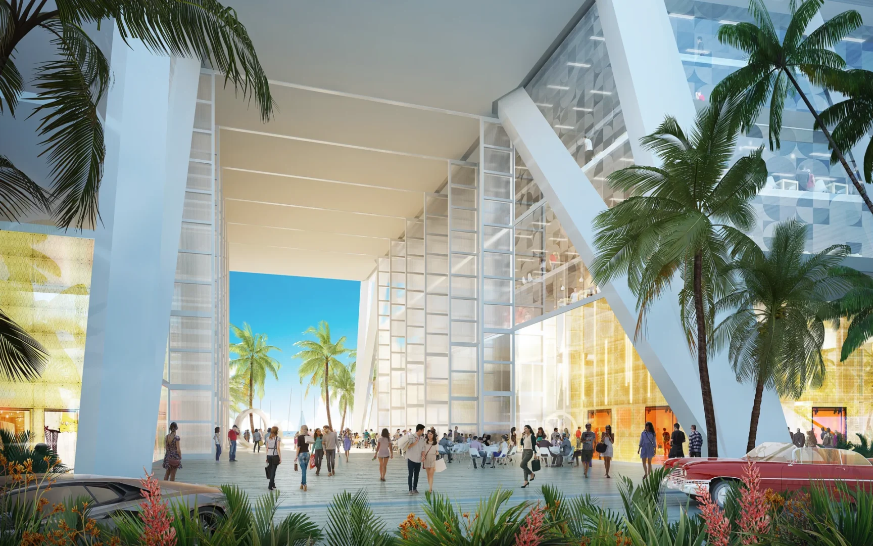 Large white structural beams at 1201 Brickell frame an outdoor plaza with people, palm trees, and cars