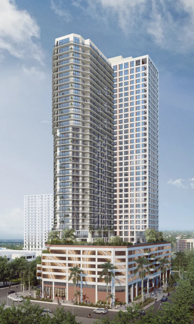 The 1775 Biscayne skyscraper rises above a street corner with palm trees, pedestrians, and vehicles
