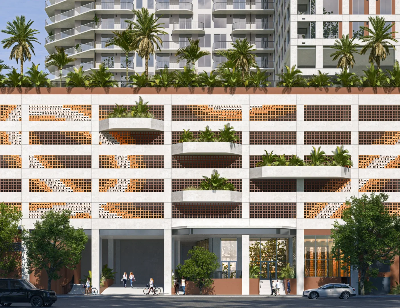 Patterned screens on 1775 Biscayne rise above a street with trees, people walking, and cyclists near cars