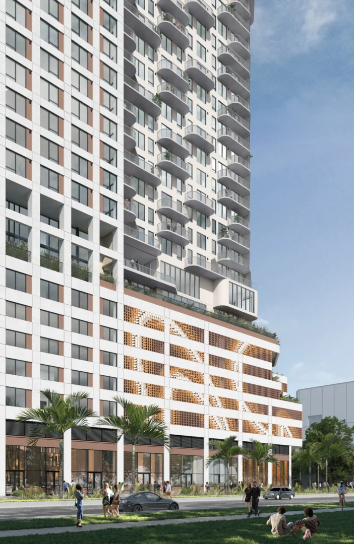 A tall white high-rise in 1775 Biscayne features numerous balconies, ground-level glass windows, palm trees, and pedestrians