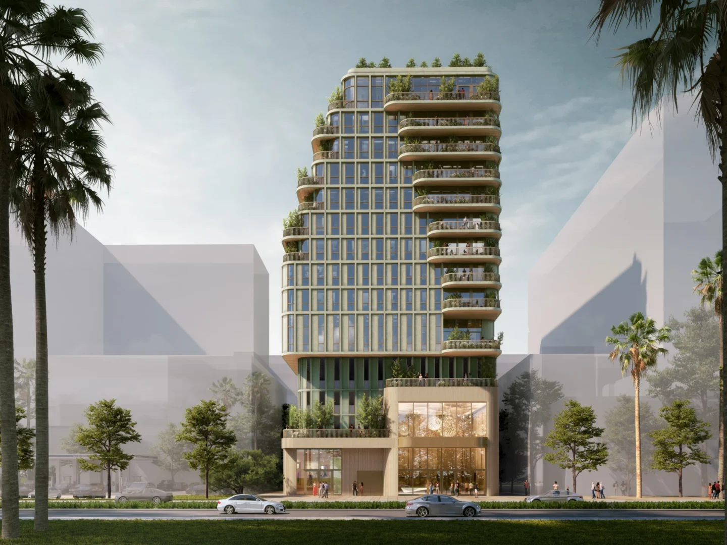 The Accardi Residences building features tiered terraces with greenery near palm trees and a street with cars and people