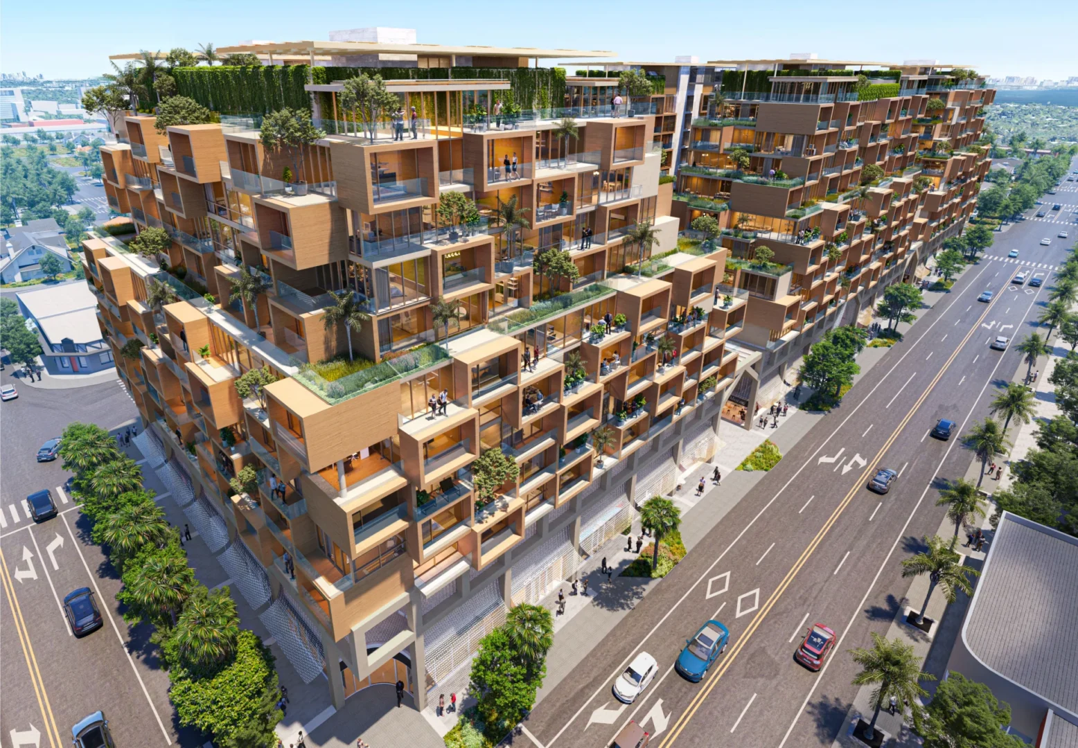Multi-level terraces with greenery and people in House by Shigeru Ban line a street with cars and pedestrians