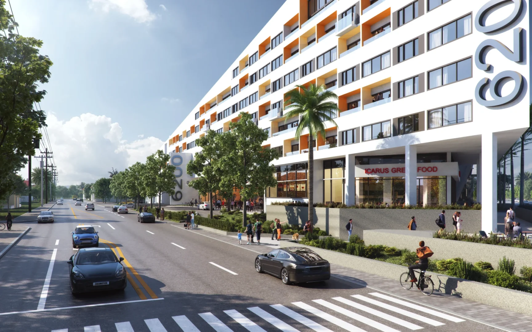 A multi-story Kimco Agora building overlooks a street with cars, pedestrians, and a cyclist near a crosswalk