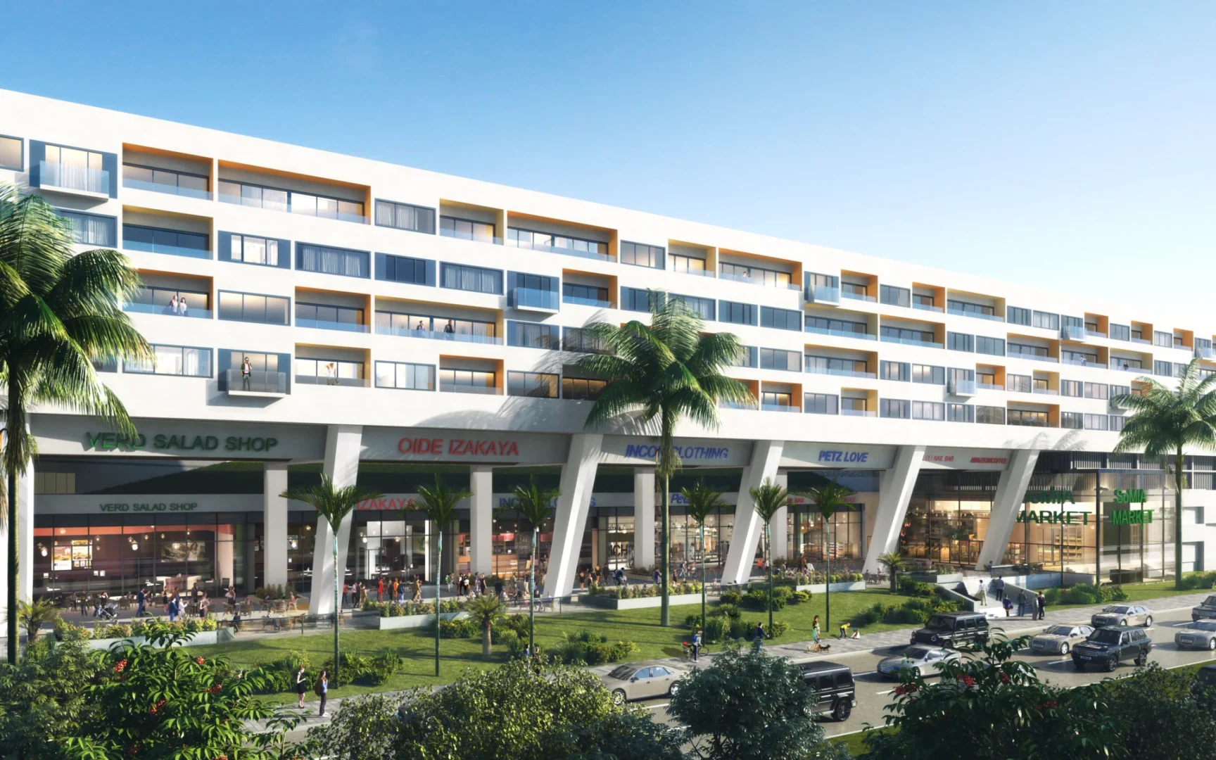 A multi-story building for Kimco Agora features balconies, storefronts, people in a plaza, and cars on a street