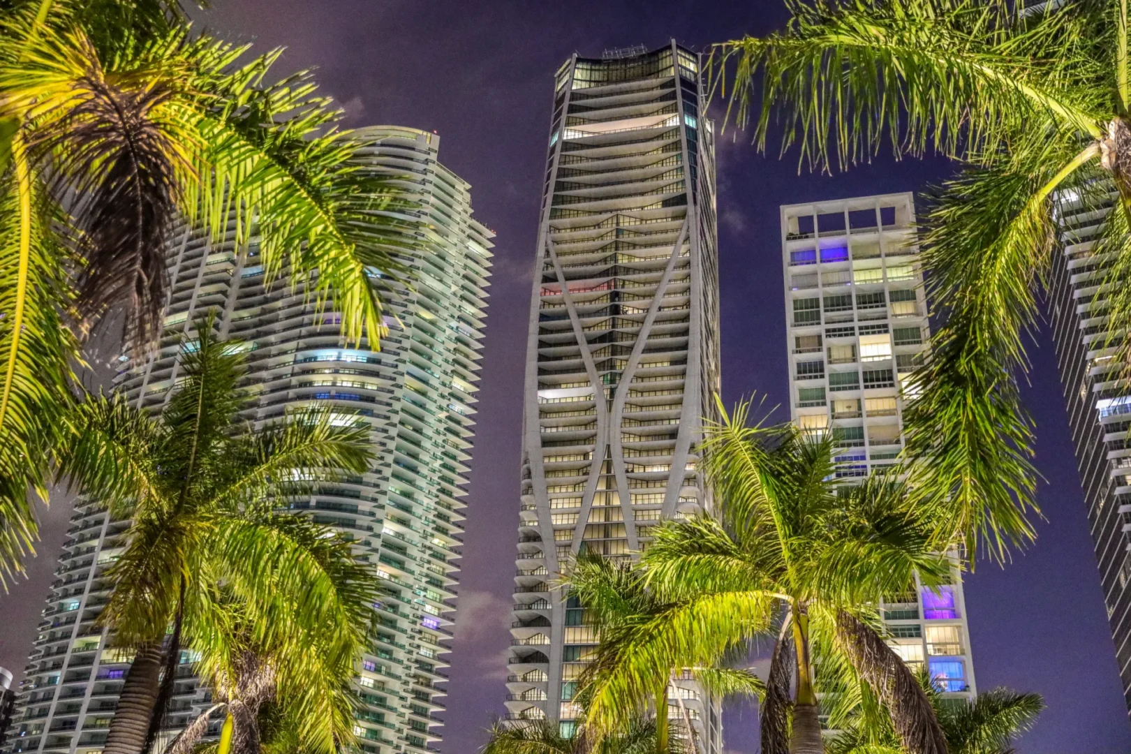 Green palm fronds frame the twisted structure of One Thousand Museum and adjacent skyscrapers against a dark sky