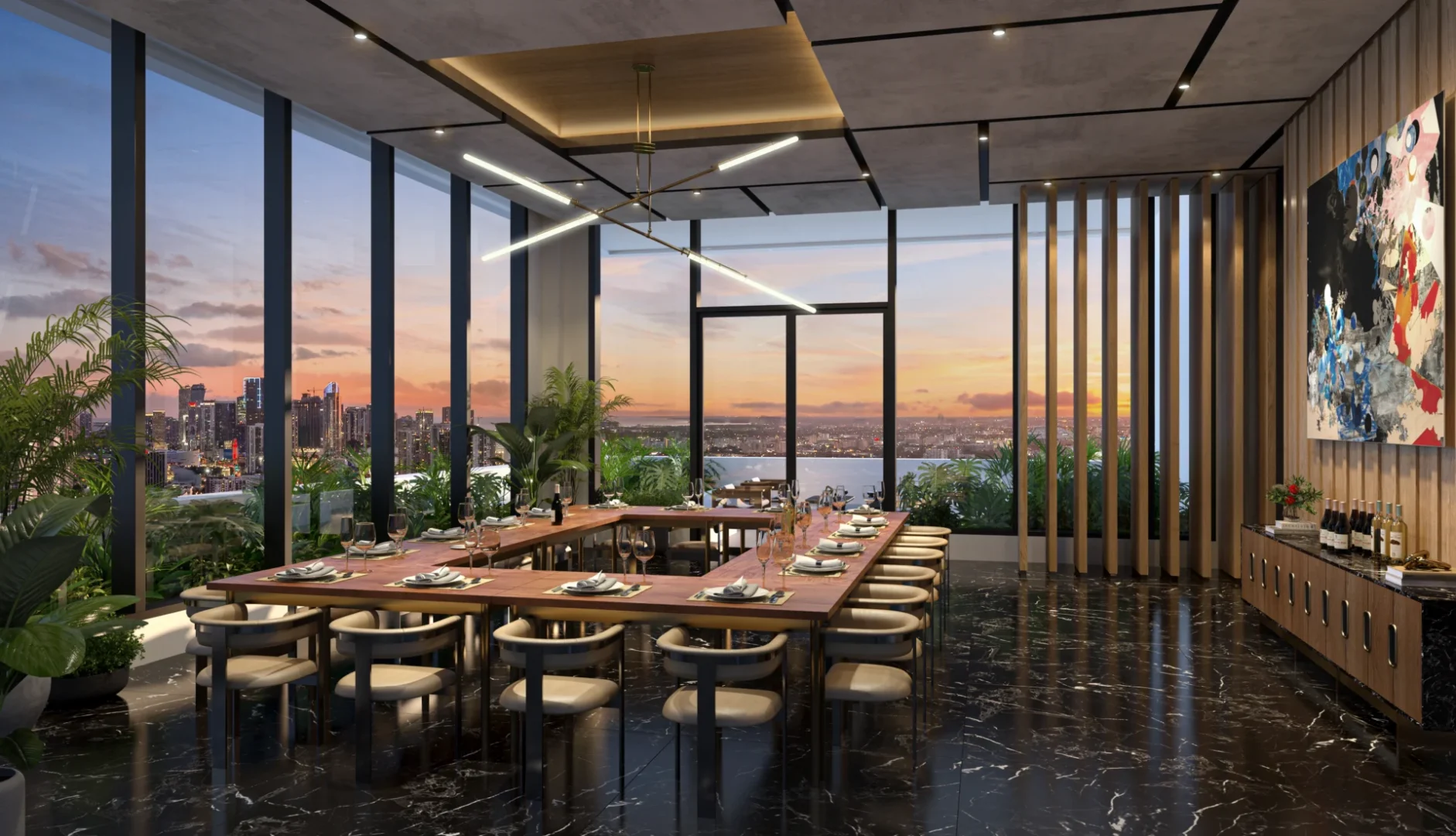 A modern light fixture hangs above a long wooden dining table in the Forma dining room with floor-to-ceiling windows and a city skyline