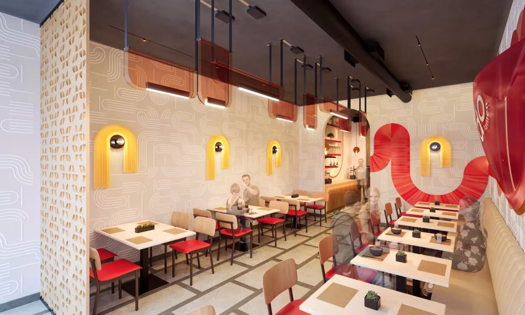 Red hanging elements and patterned walls surround people seated at white tables in the Ikedo restaurant interior