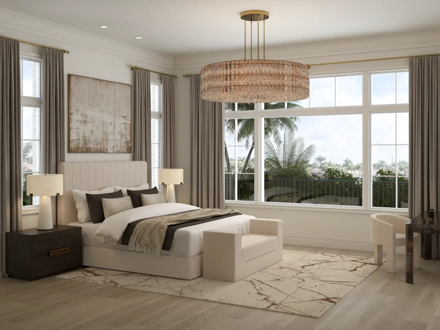 A large chandelier hangs over a bed in the Mediterranean Retreat bedroom near windows overlooking palm trees