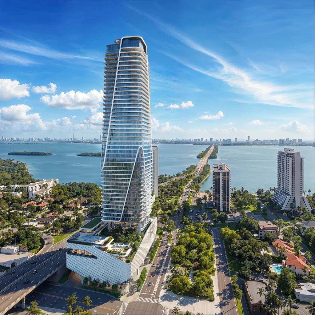 A tall white skyscraper overlooks a large body of water with a long bridge, green trees, and other buildings under a blue sky