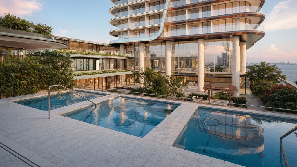 A multi-story modern building overlooks several outdoor swimming pools on a tiled terrace near the sea