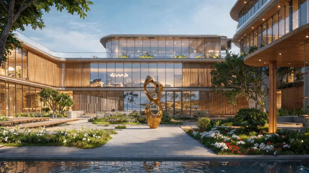 A gold abstract sculpture stands in a courtyard featuring glass and wood buildings, trees, flowers, and a pool